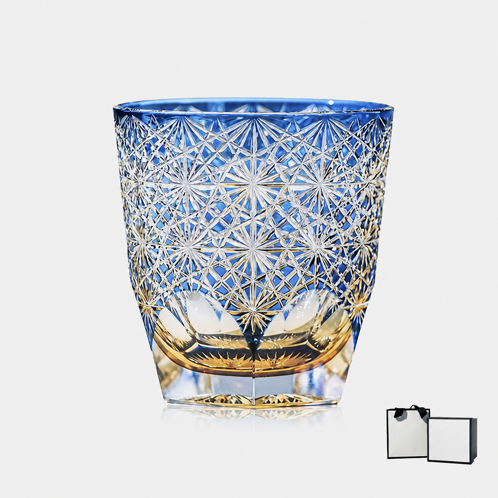 Cobalt blue Japanese Edo Kiriko cut crystal whiskey tumbler with gift box